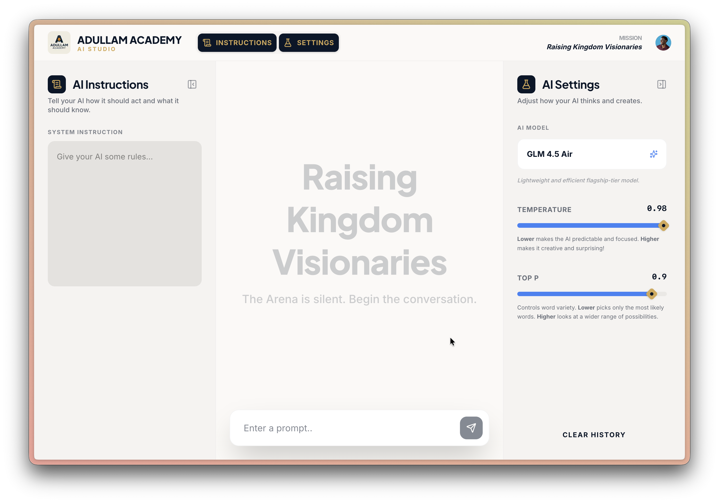 Adullam Academy AI Studio interface for building AI applications