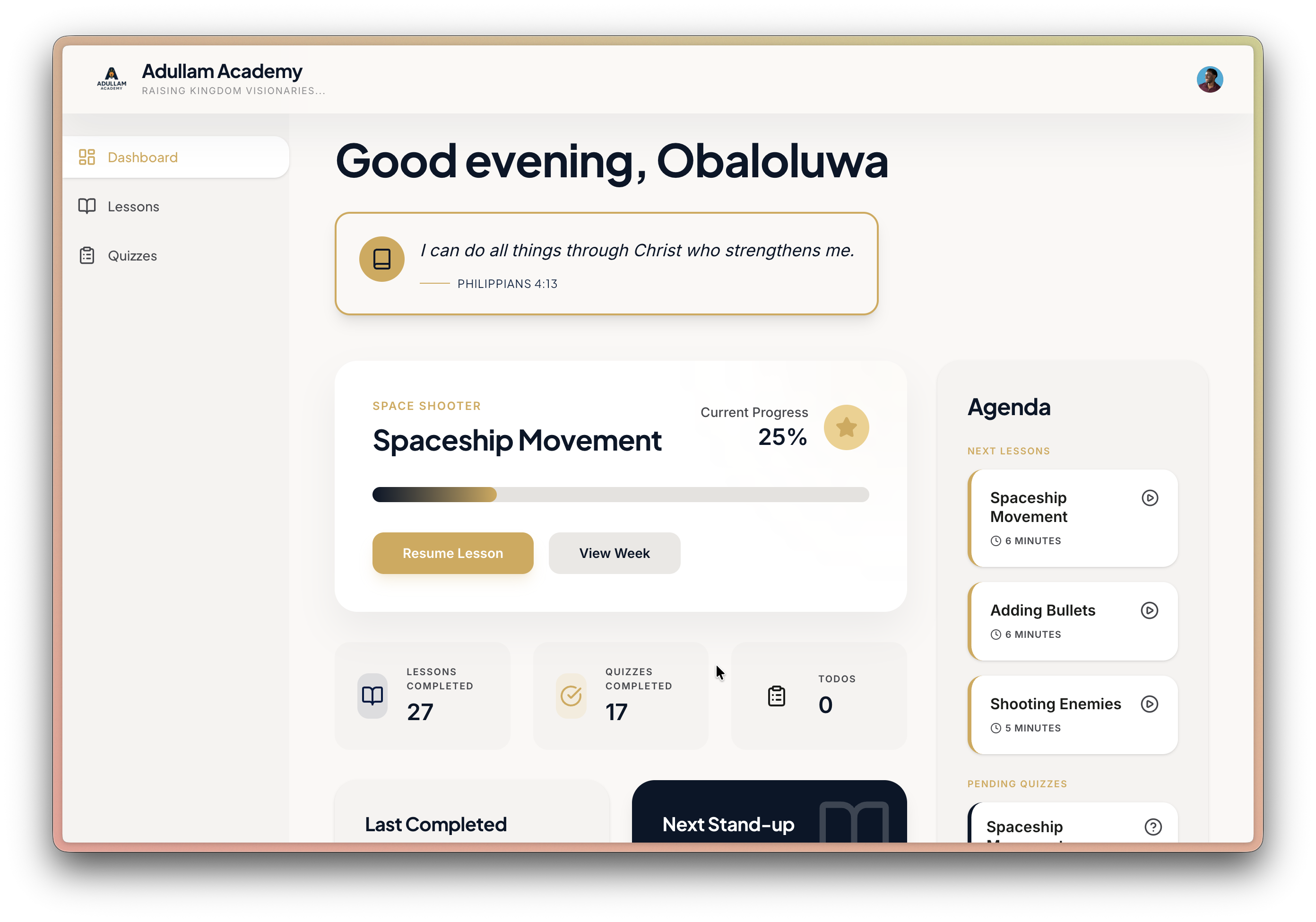 Adullam Academy learning dashboard